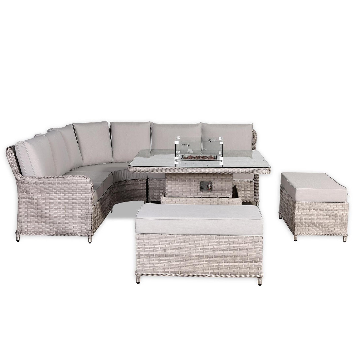 Rattan Garden Corner Sofa Set with Rising Fire Pit Table & Bench