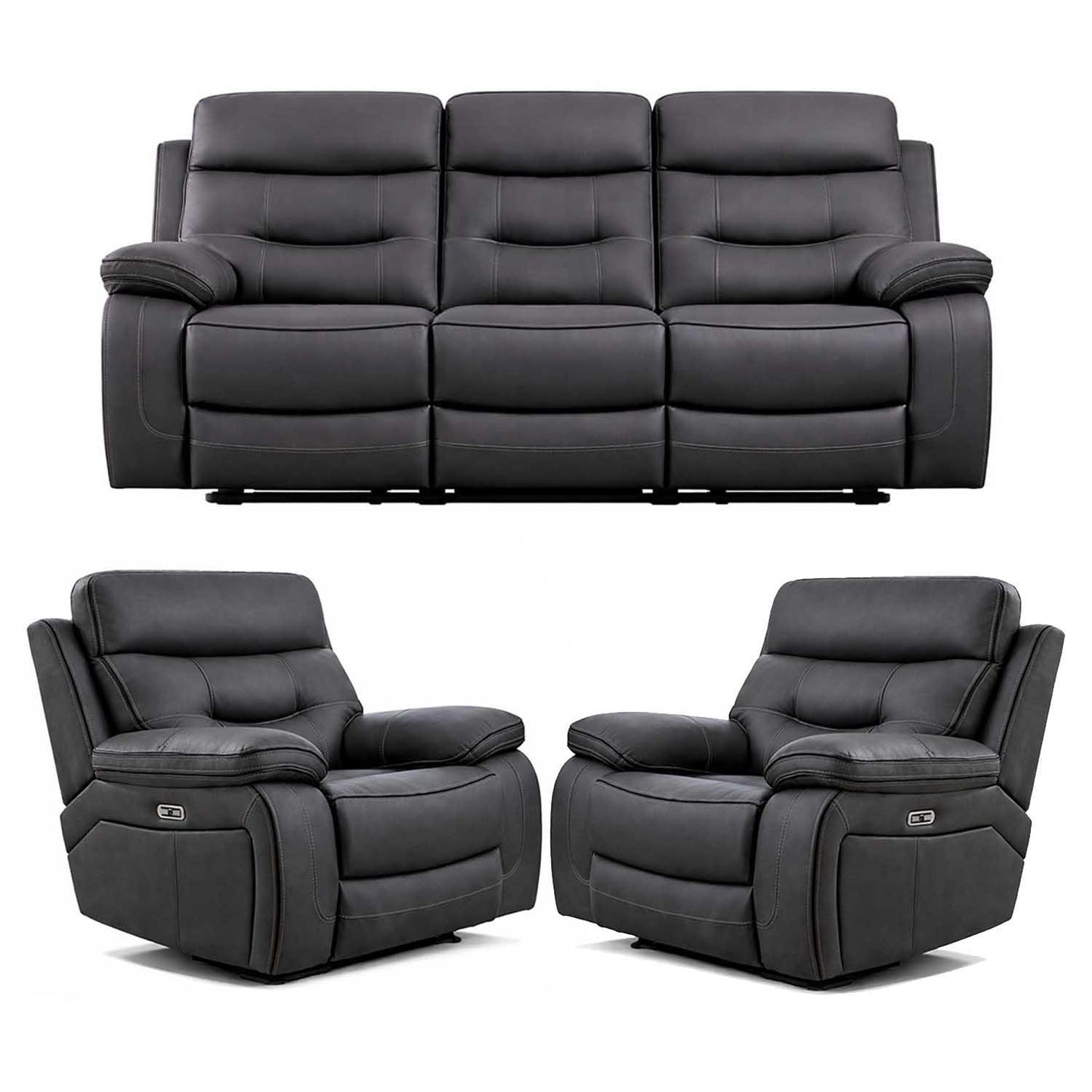 Renzo Grey Electric Recliner Sofa Suite 3 Seater + 2 Armchairs USB