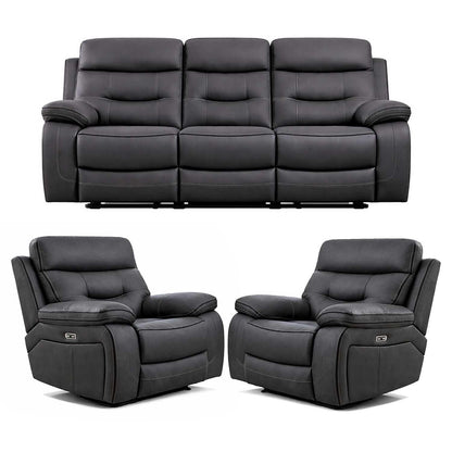 Renzo Grey Electric Recliner Sofa Suite 3 Seater + 2 Armchairs USB