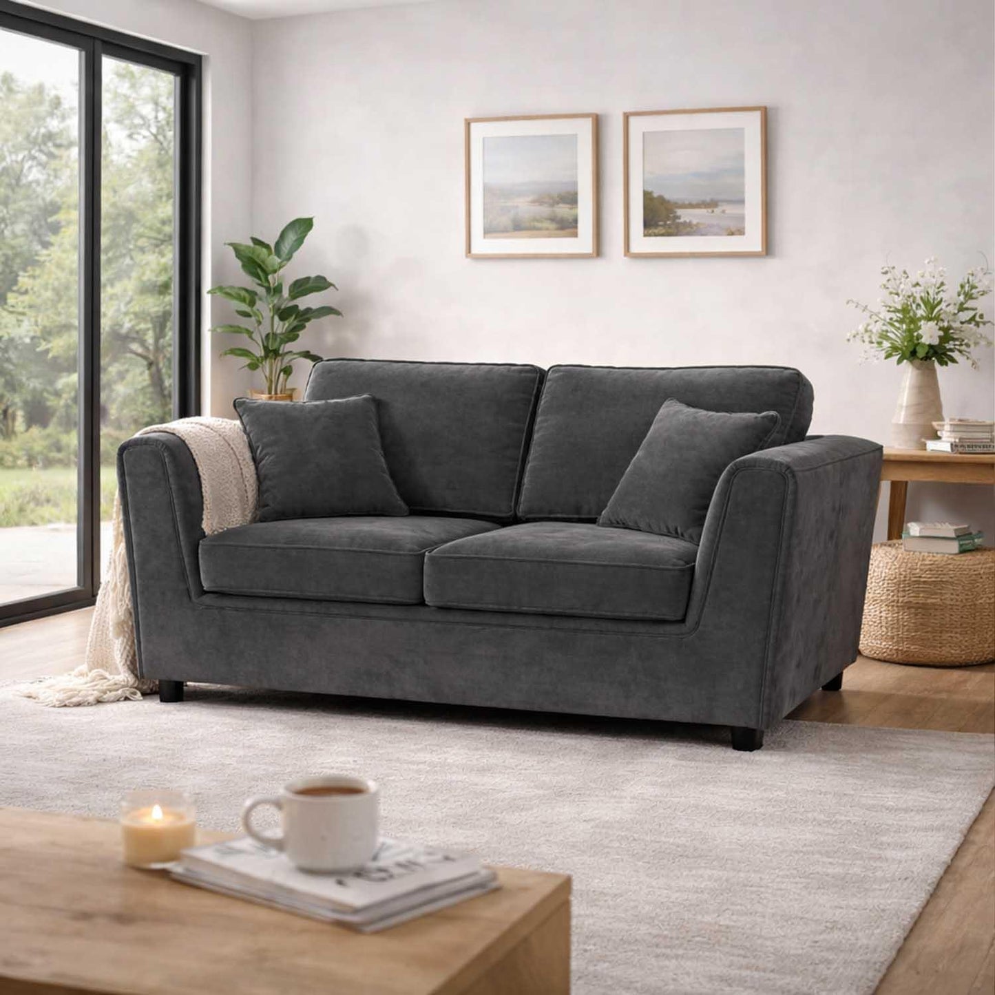 Ascot Large 2 Seater Sofa Chenille Fabric Beige or Charcoal