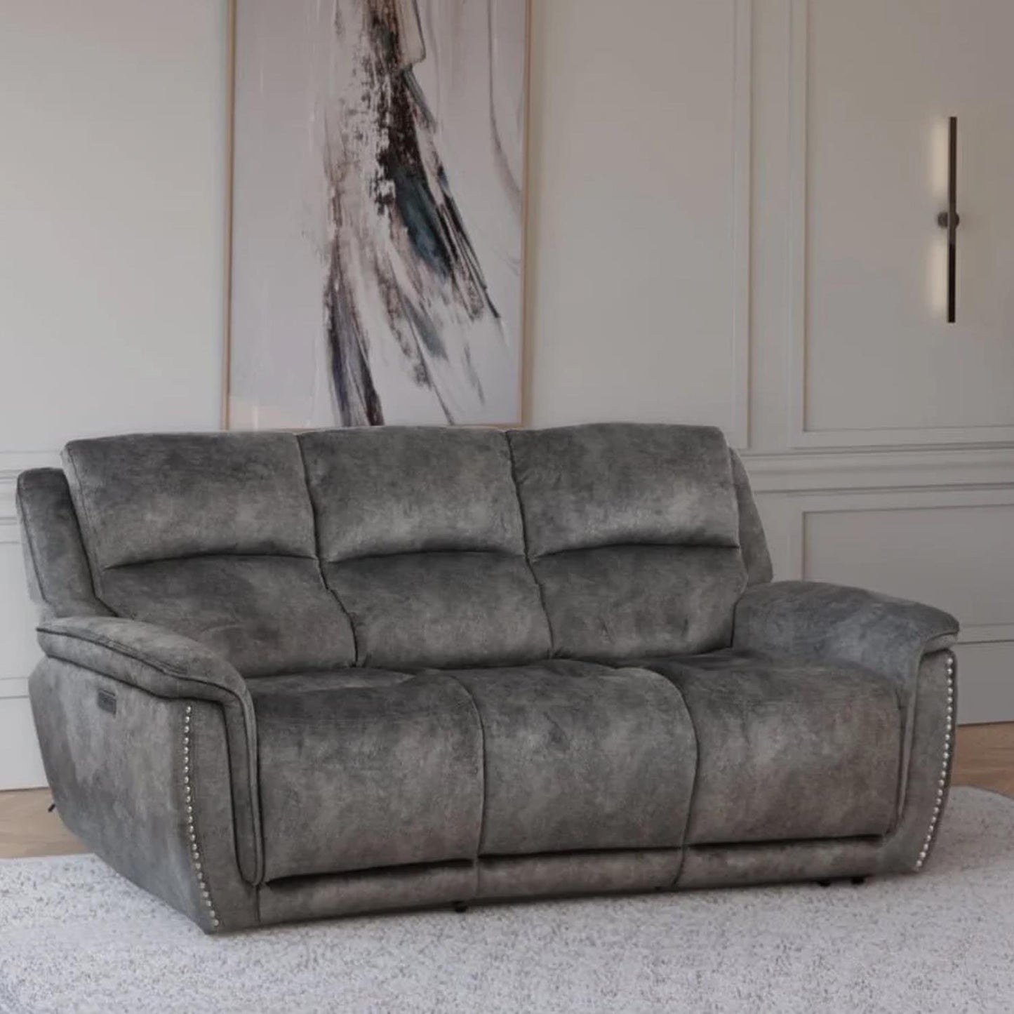 Mendoza Grey Plush Velvet Electric Reclining 3 Piece Sofa Suite 3 2 1