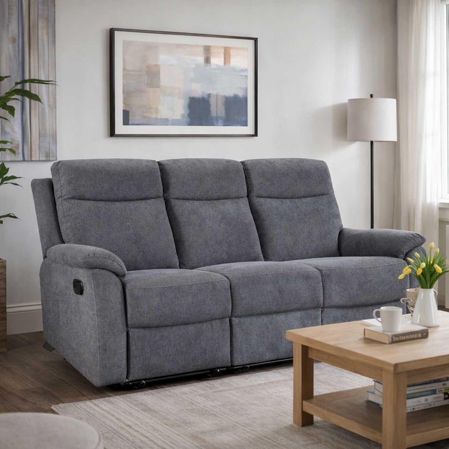 Vancouver 3 Seater Sofa Grey Fabric Manual Reclining Settee