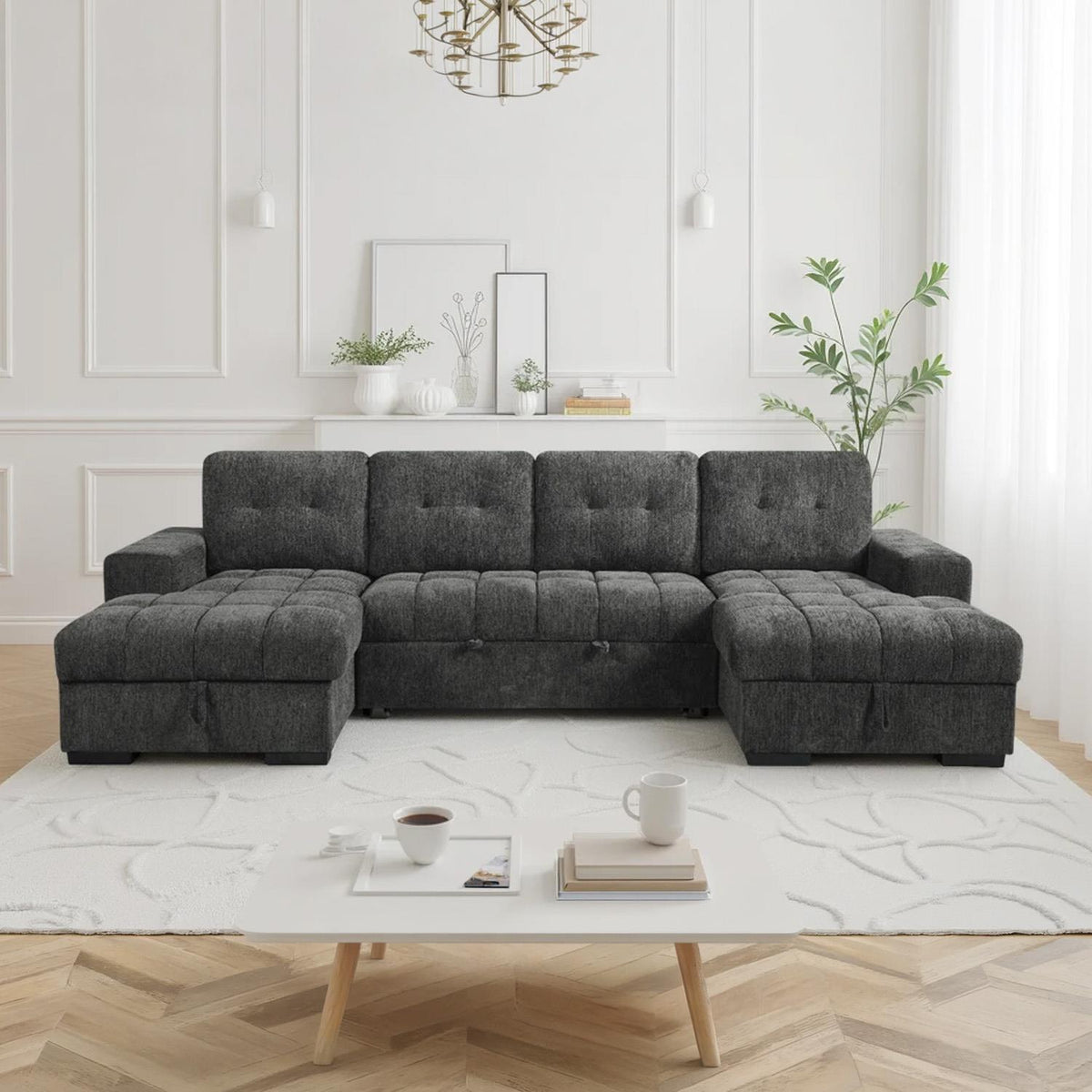 Luna U Shaped Sofa Bed Dual Storage Chaise Beige Grey or Teal