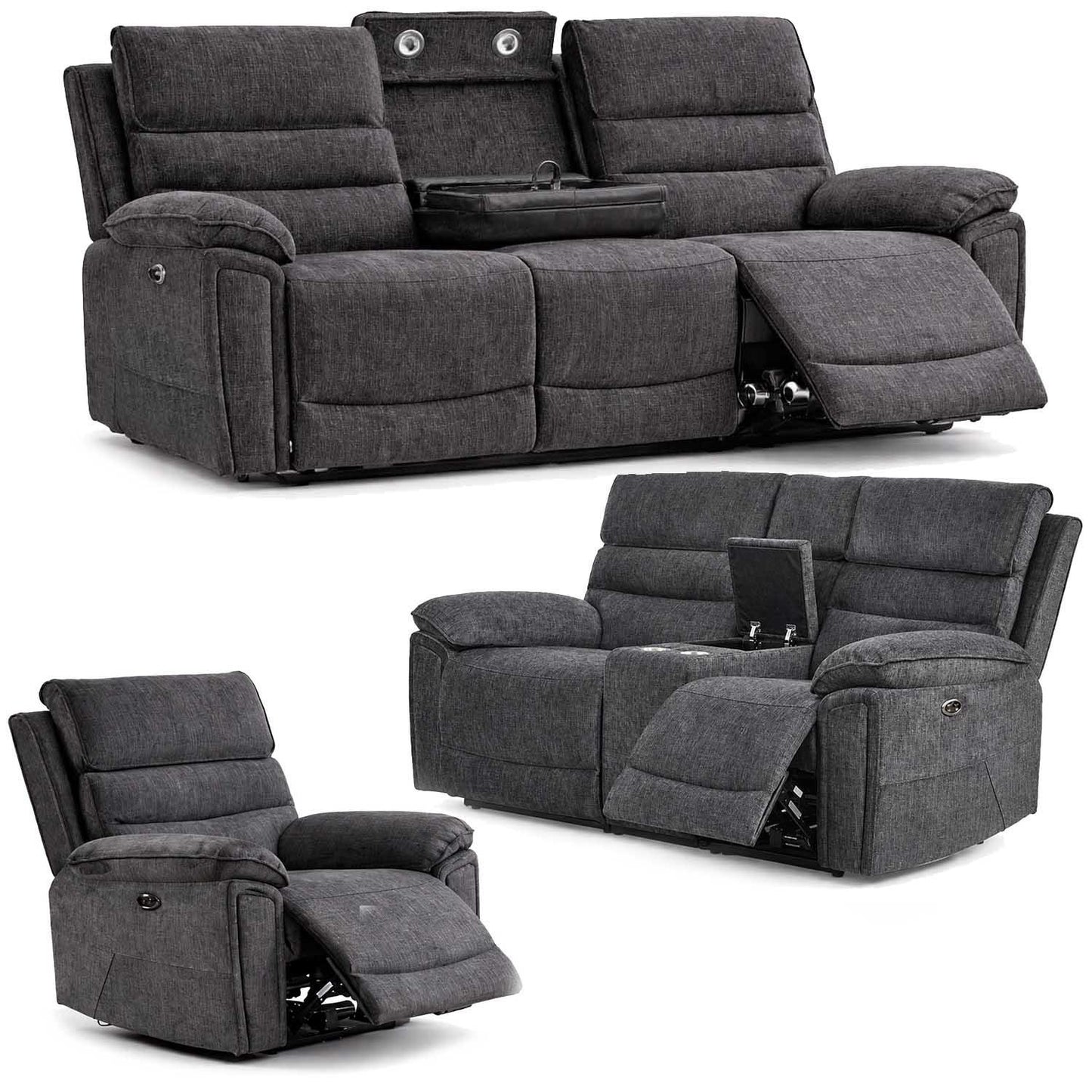 Sicily 3 Piece Electric Power Grey Fabric Recliners 3 + 2 + 1