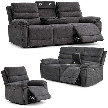 Sicily 3 Piece Electric Power Grey Fabric Recliners 3 + 2 + 1