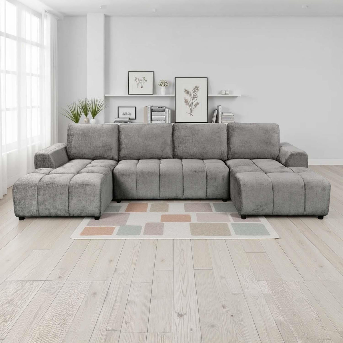 Stanford U Shaped Plush Velvet Sofa Bed Storage Beige Green or Grey