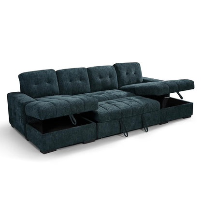 Luna U Shaped Sofa Bed Dual Storage Chaise Beige Grey or Teal