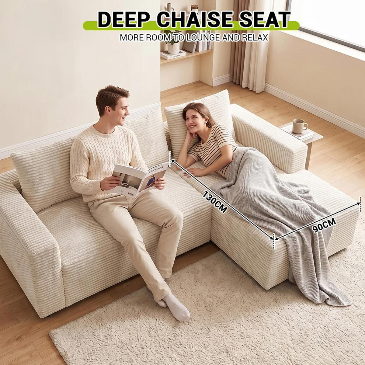 Lilly L Shaped Cord Cloud Sofa Boneless Chaise Beige or Black