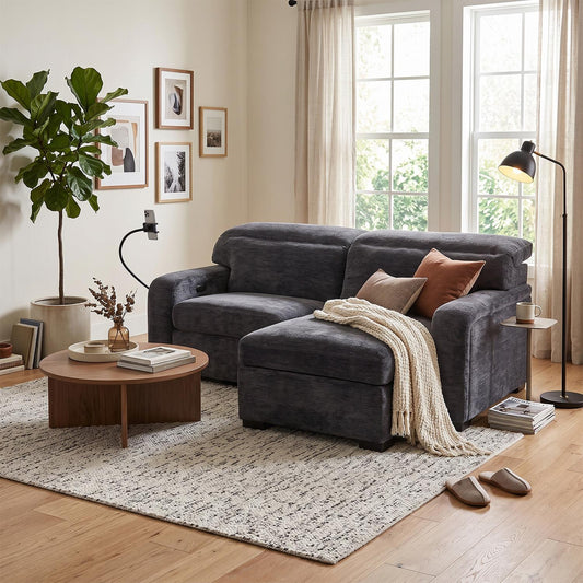 Grande 2 Seater Power Sliding Sofa With Chaise Storage Charcoal Fabric