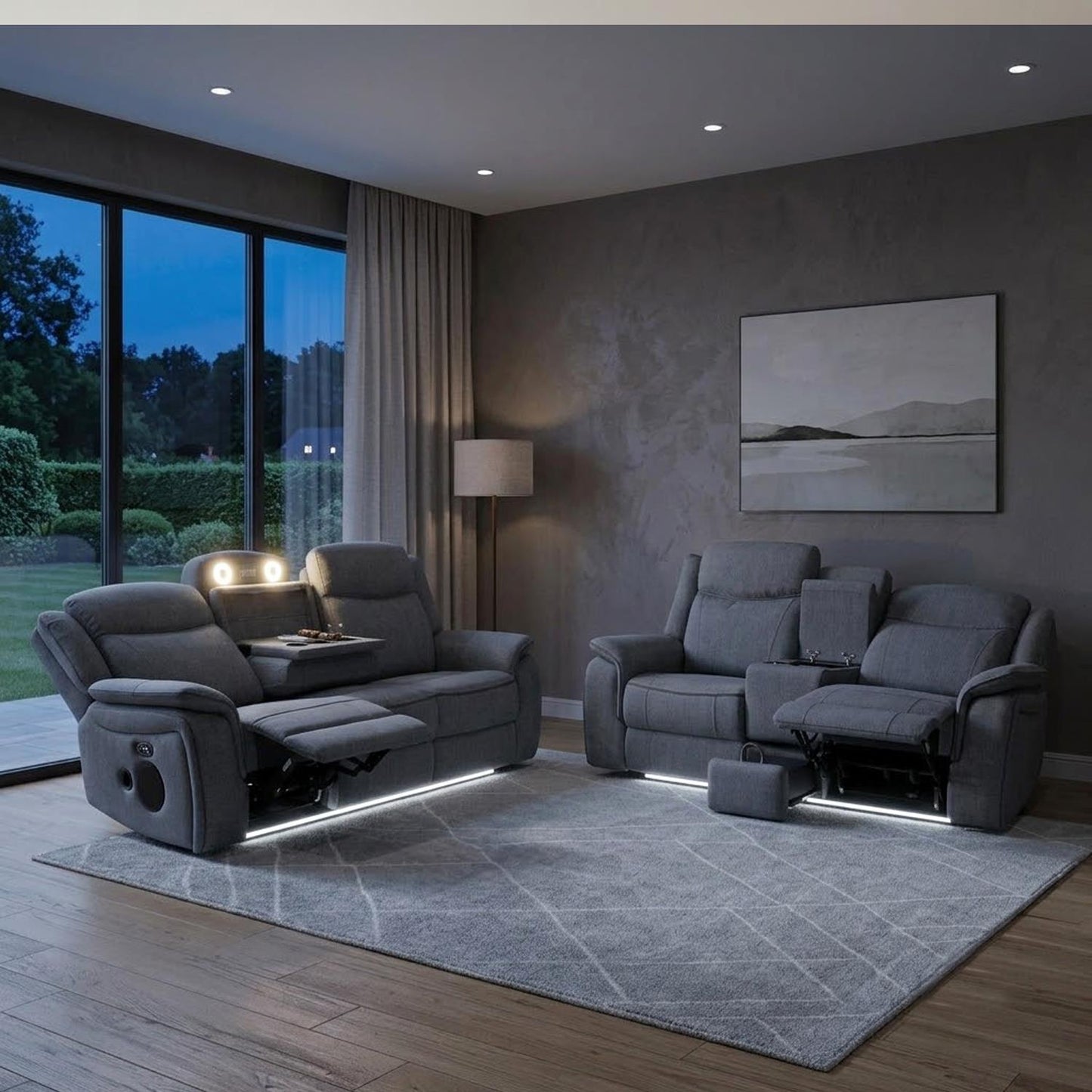 Milano Grey Fabric Electric Reclining Sofa Suite USB Cup Holder