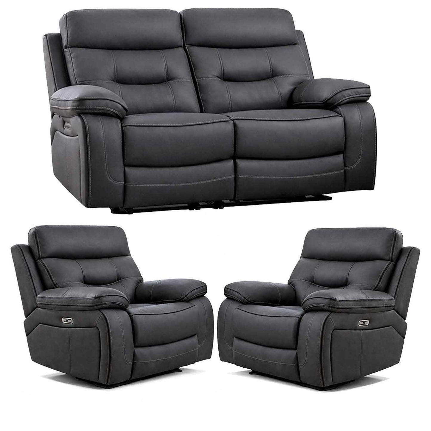 Renzo Grey Electric Recliner Sofa Suite 2 Seater + 2 Armchairs USB