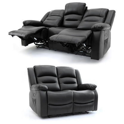Arlo Leather Like Black or Grey 3 + 2 Electric Reclining Sofa Suite USB Charging + Drinks Tray
