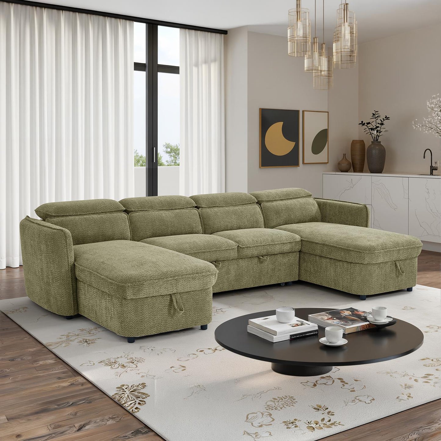 Ria Large 4 5 Seater Fabric U Shaped Sofa Bed Tilting Headrest Storage