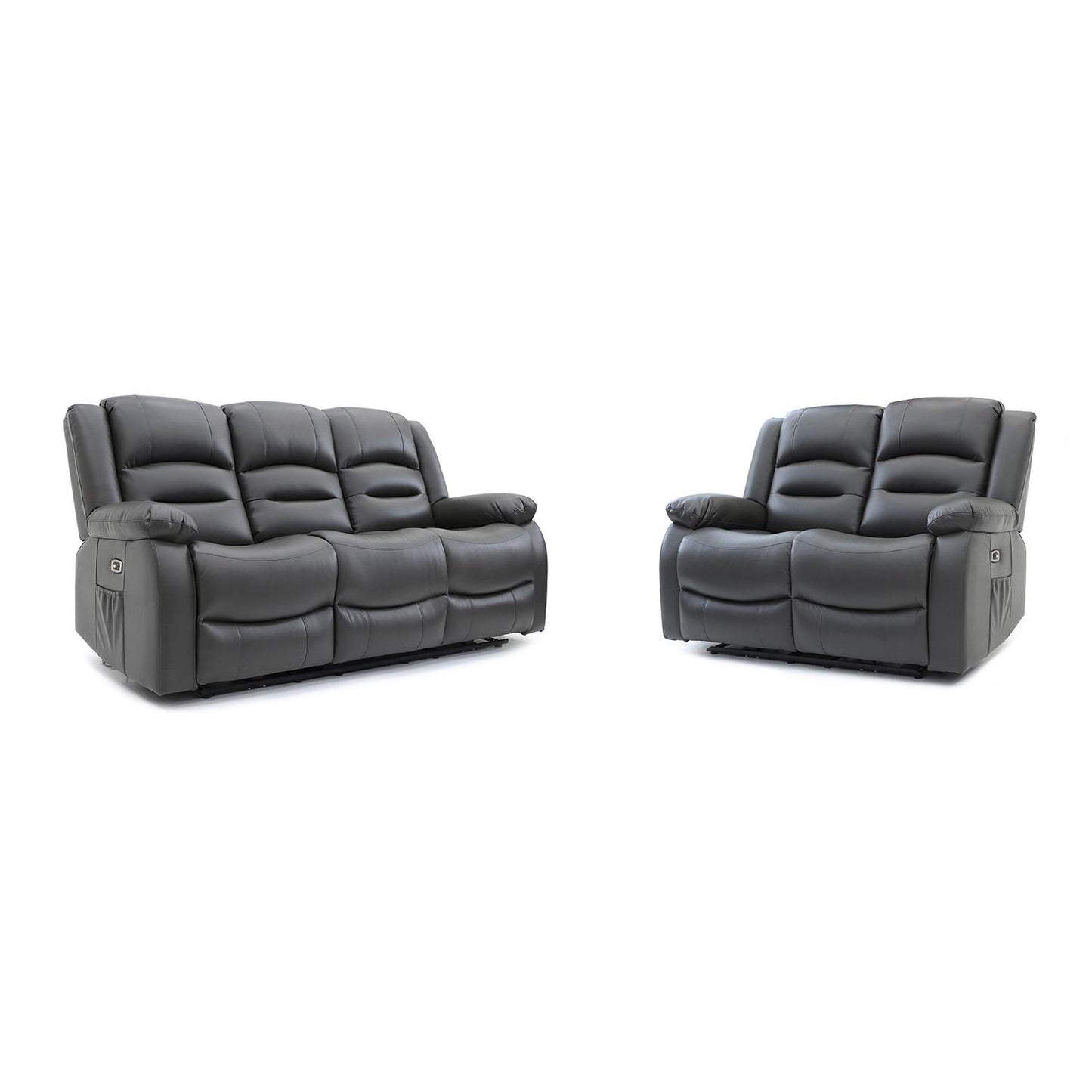 Arlo Leather Like Black or Grey 3 + 2 Electric Reclining Sofa Suite USB Charging + Drinks Tray