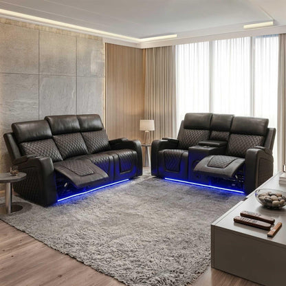 Felix Black or Grey Leather Electric Reclining Sofa Suite USB Cup Holder