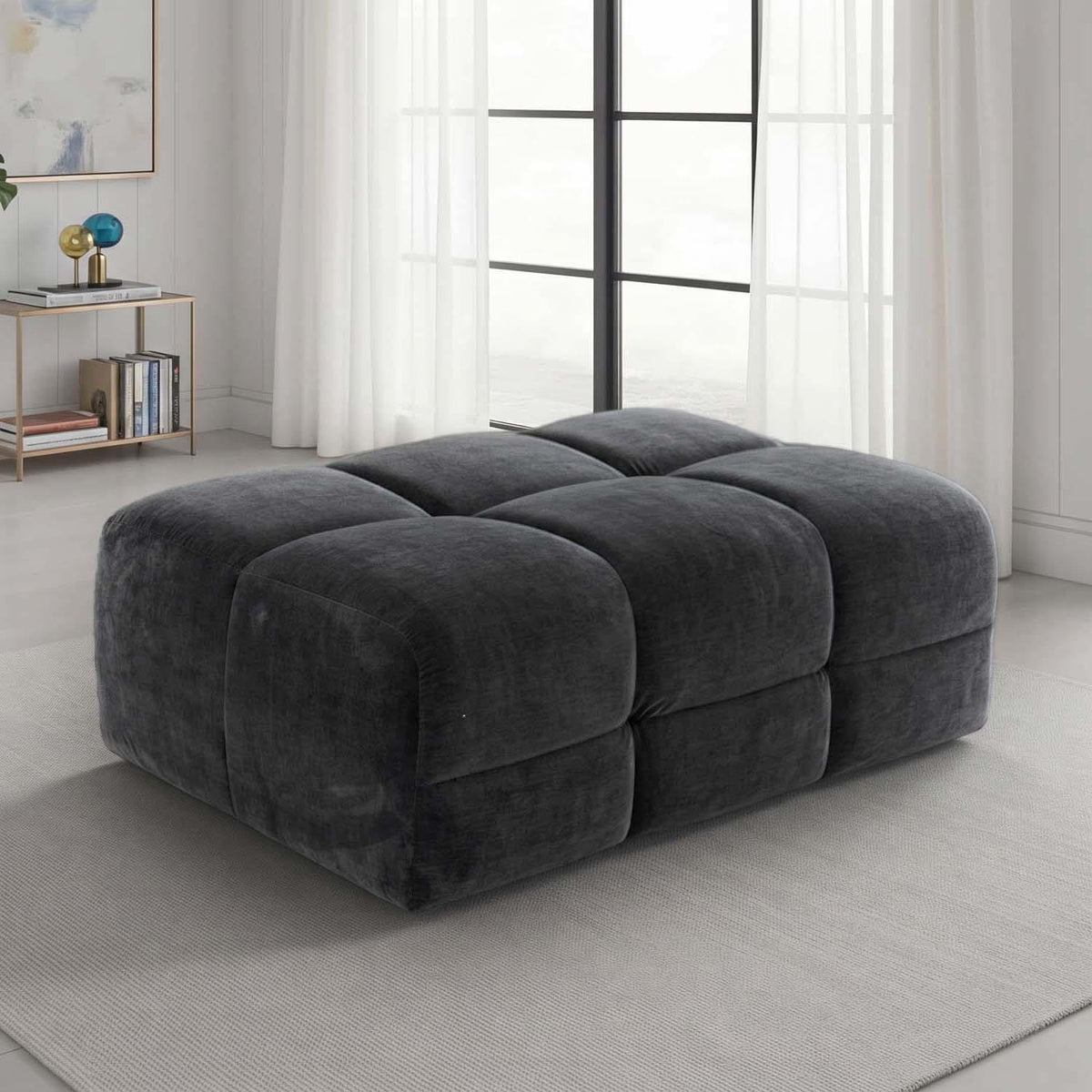 Jenson Large Plush Velvet Footstool Pouffe with Cross Stitch Detail