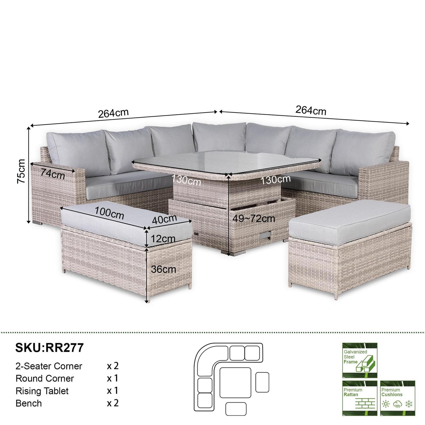 Round Corner Rattan Patio Sofa Set with Adjustable Table