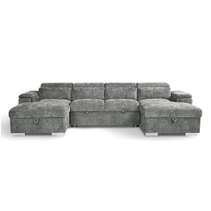 Alora 4–5 Seater Grey Fabric U-Shaped Sofa with Storage & Headrests