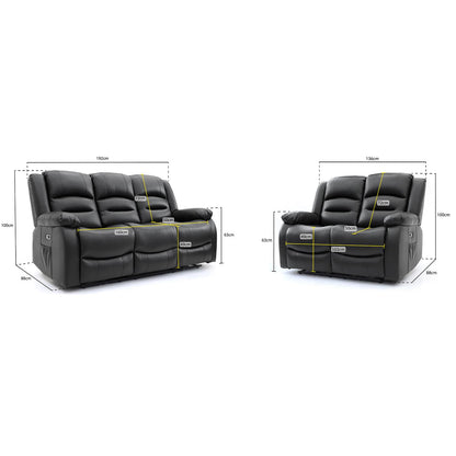 Arlo Black or Grey Leather Like Electric Reclining Sofa Suite 3 + 2 USB + Drinks Tray