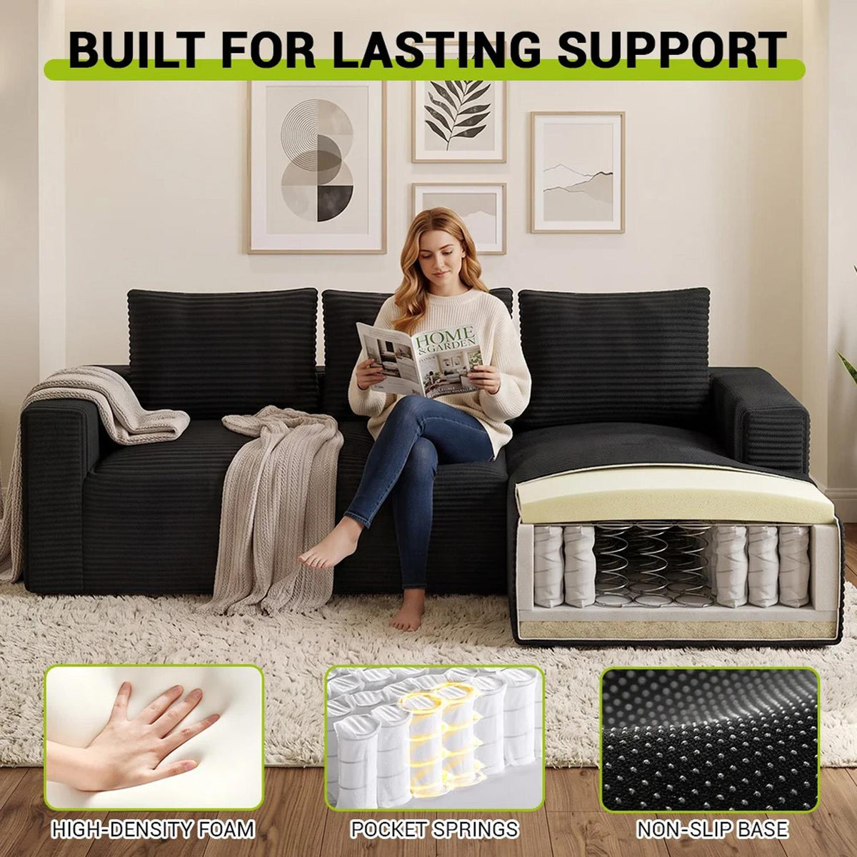 Lilly L Shaped Cord Cloud Sofa Boneless Chaise Beige or Black