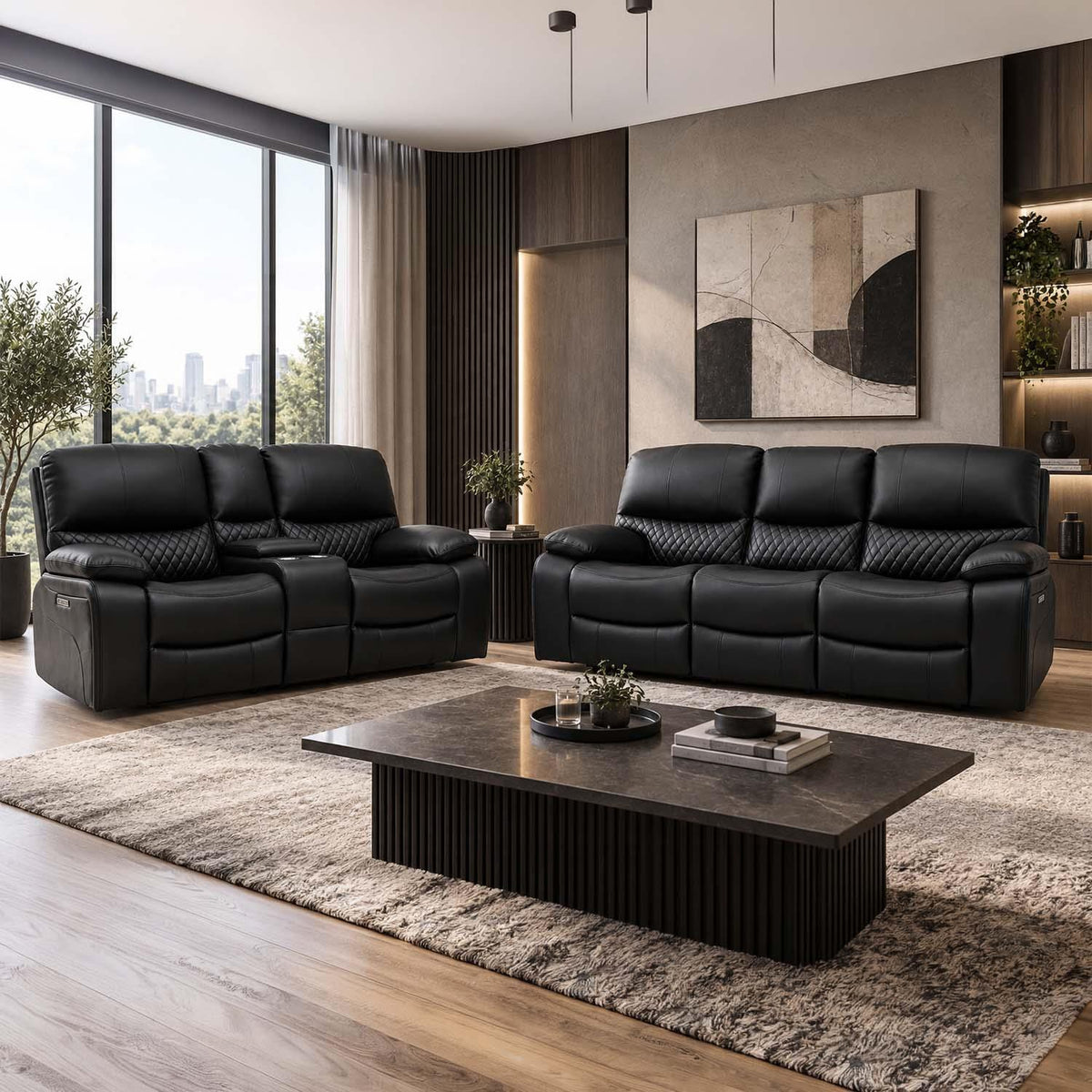 Bentley Black Electric Recliner Sofa Suite 3 + 2 Seater, Eco Leather