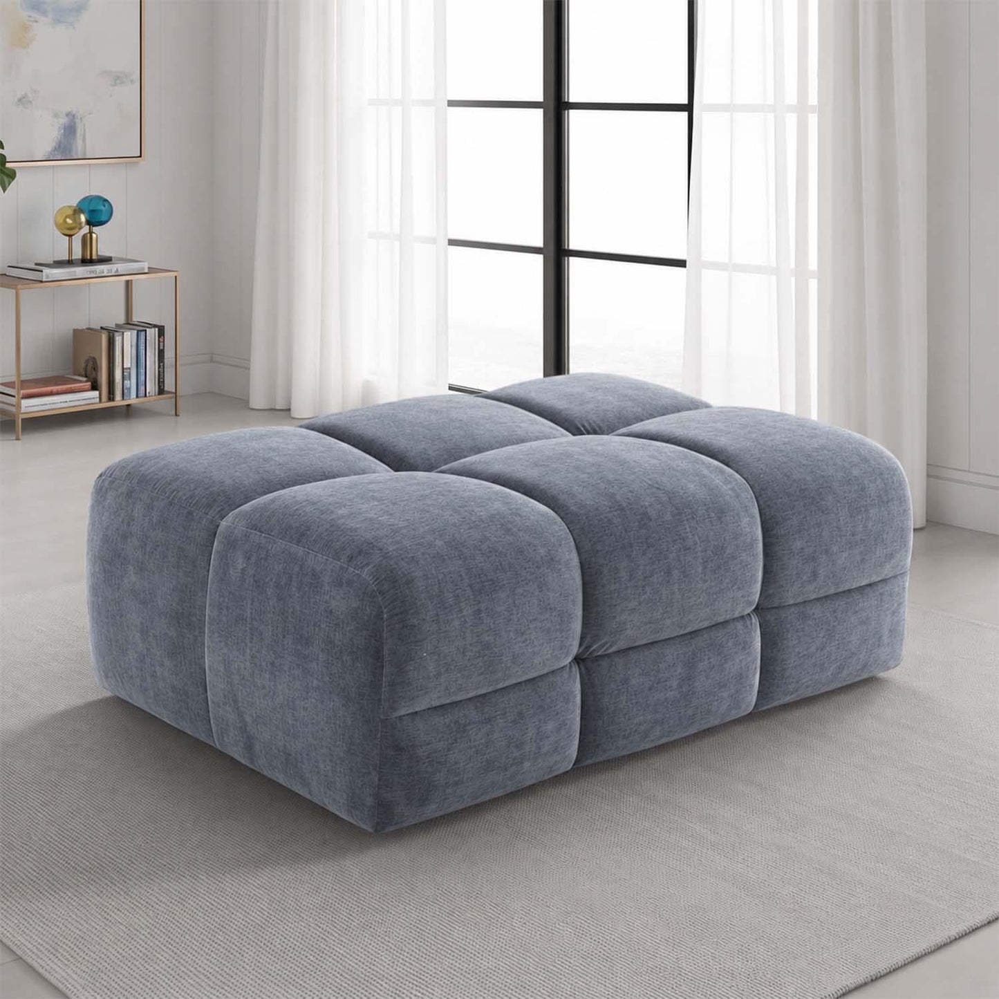 Jenson Large Plush Velvet Footstool Pouffe with Cross Stitch Detail