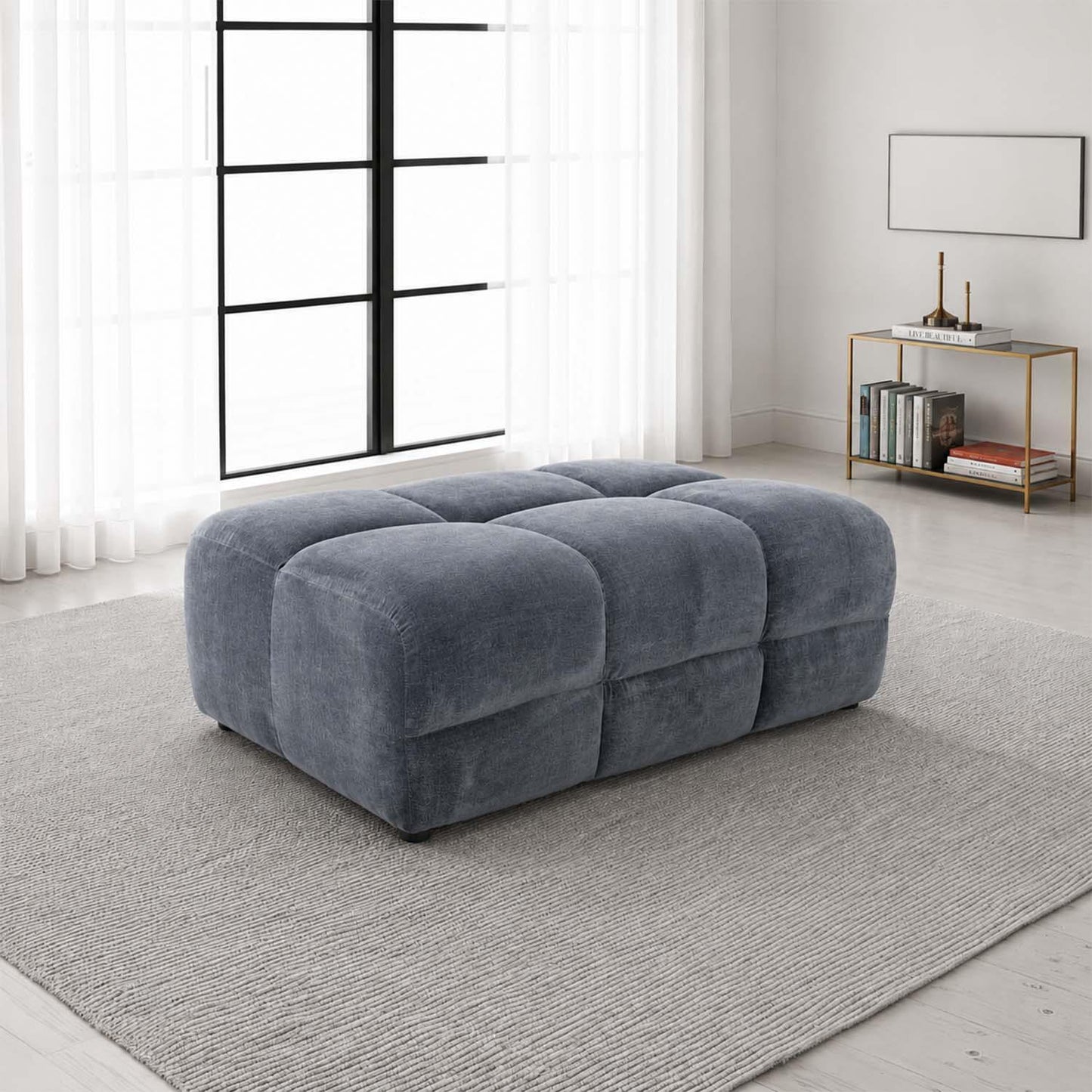 Jenson Large Plush Velvet Footstool Pouffe with Cross Stitch Detail