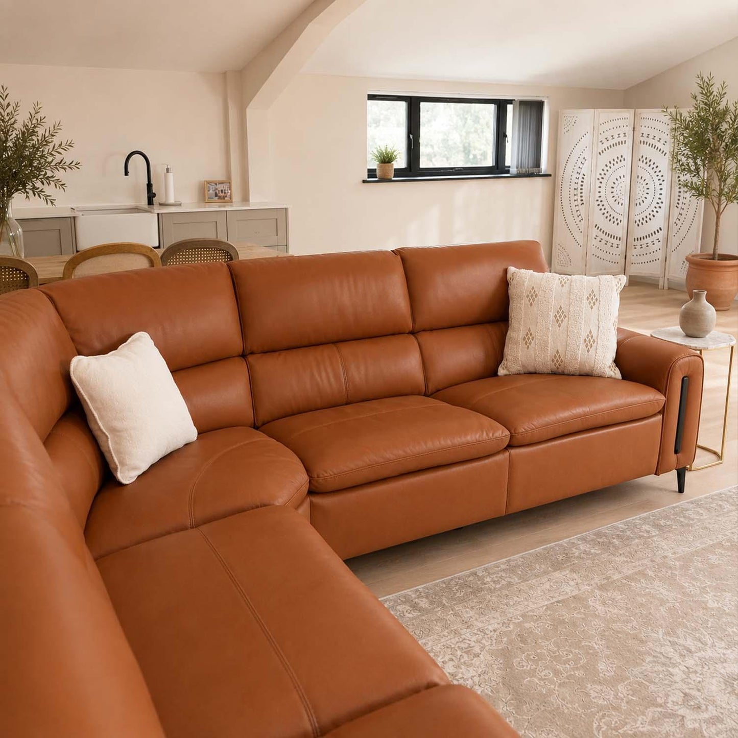 Aria L Shaped  Electric Recliner Sofa Tan Large Corner 5 Seater