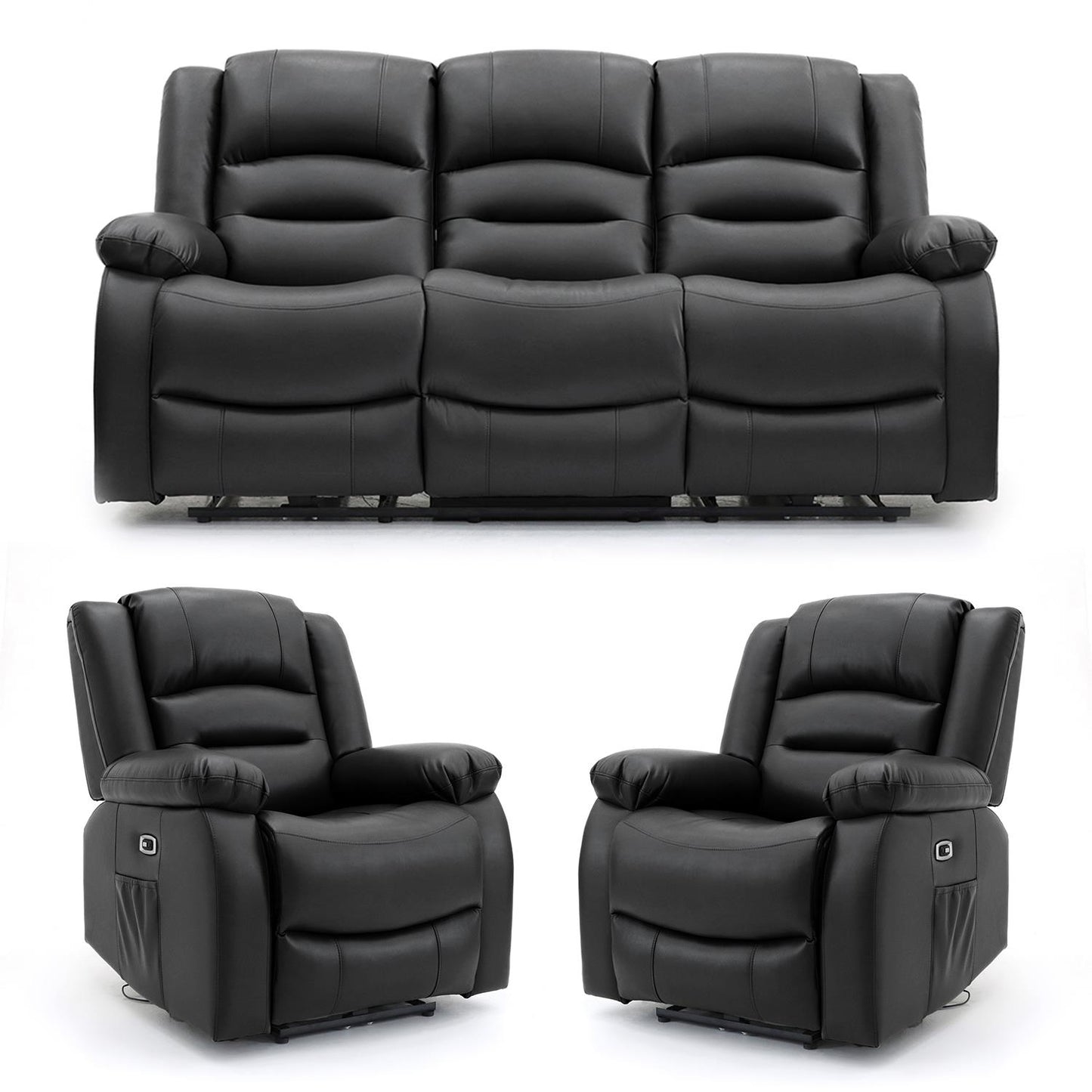 Arlo Leather Like Black or Grey 3 Piece Electric Reclining Sofa Suite 3 + 1 + 1 USB Drink Tray Arlo Black or Grey Leather Like Electric Reclining Armchair | Furnishings For Less UK
