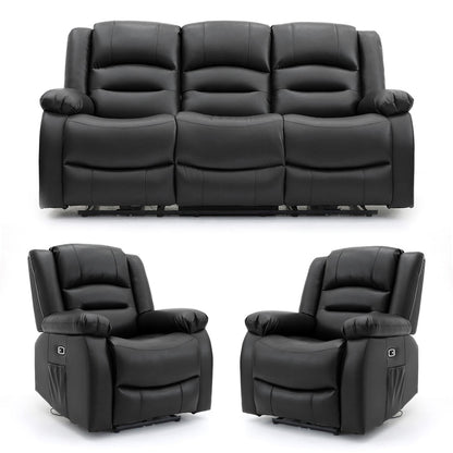 Arlo Leather Like Black or Grey 3 Piece Electric Reclining Sofa Suite 3 + 1 + 1 USB Drink Tray Arlo Black or Grey Leather Like Electric Reclining Armchair | Furnishings For Less UK