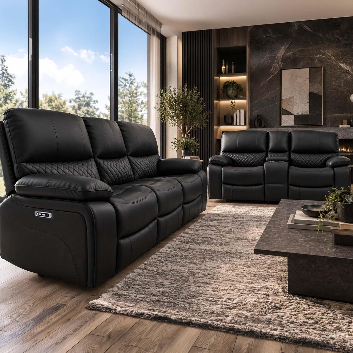 Bentley Black Electric Recliner Sofa Suite 3 + 2 Seater, Eco Leather