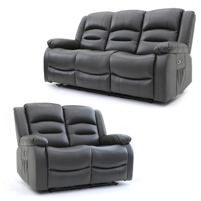 Arlo Leather Like Black or Grey 3 + 2 Electric Reclining Sofa Suite USB Charging + Drinks Tray