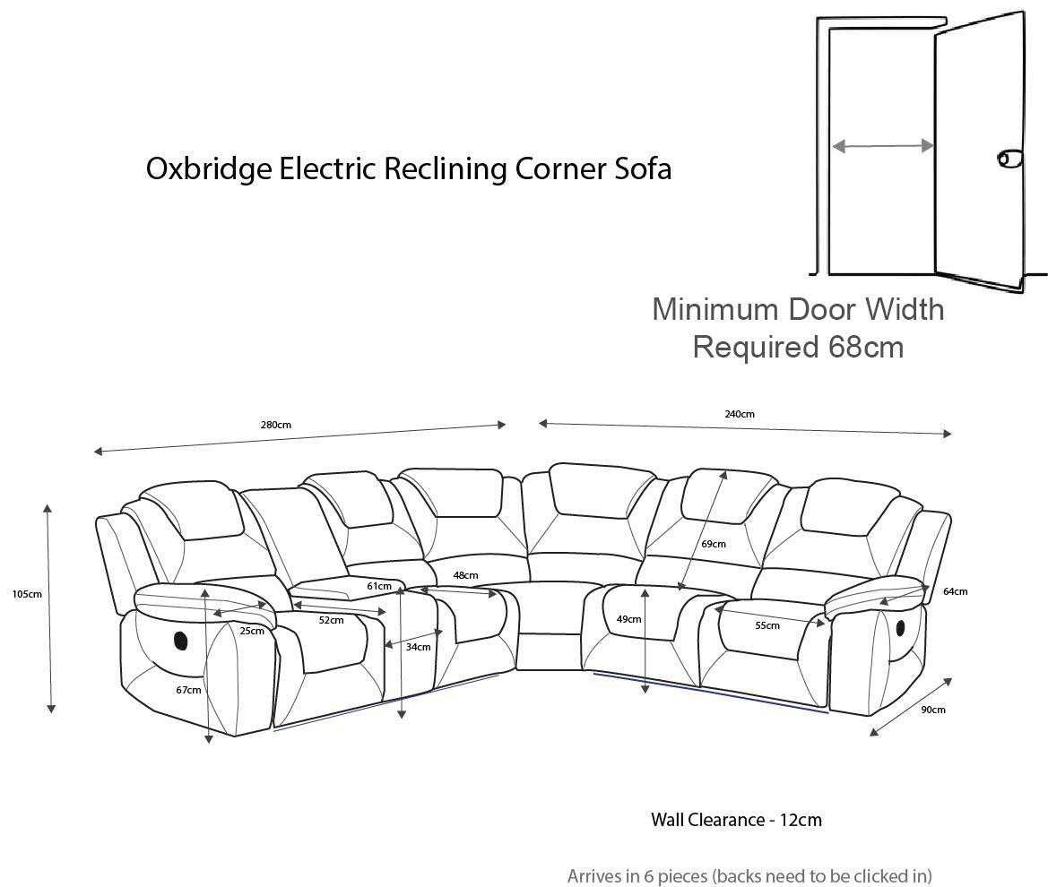 Oxbridge 5 Seater Electric Recliner Corner Sofa LED USB Black or Grey