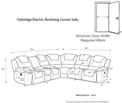 Oxbridge 5 Seater Electric Recliner Corner Sofa LED USB Black or Grey