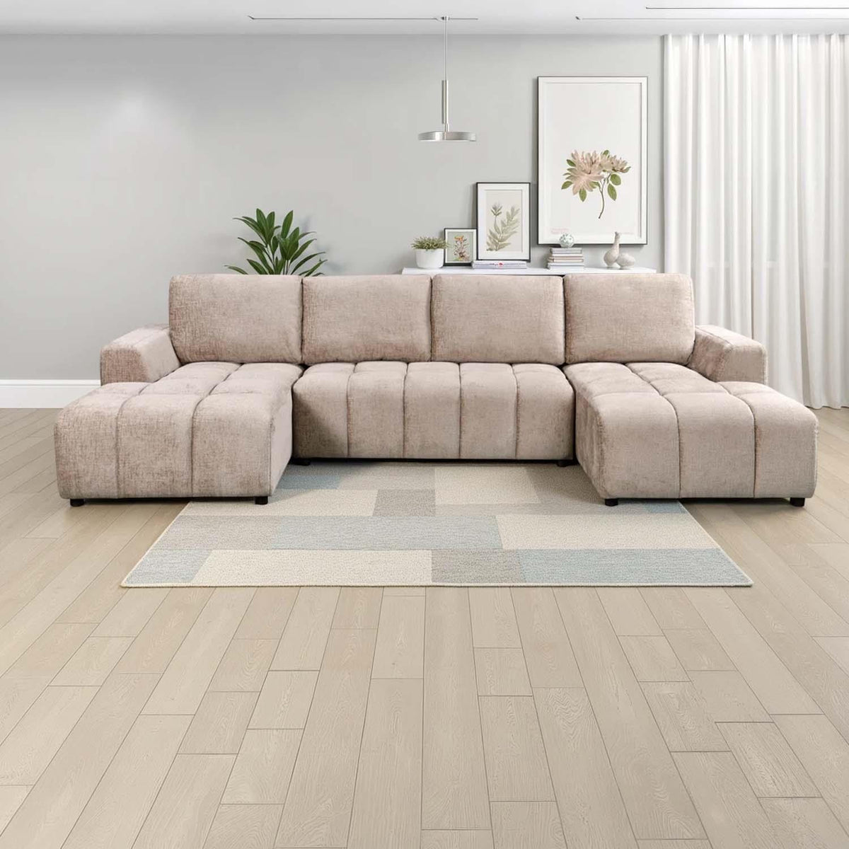 Stanford U Shaped Plush Velvet Sofa Bed Storage Beige Green or Grey