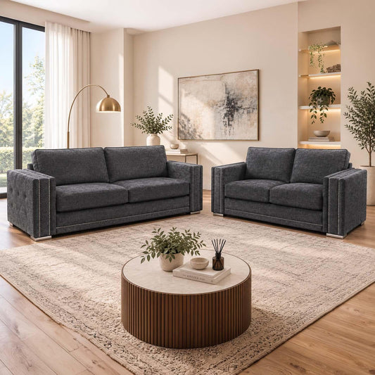 Brentford Grey Chenille 3 + 2 Sofa Suite Full Back Studded Detail