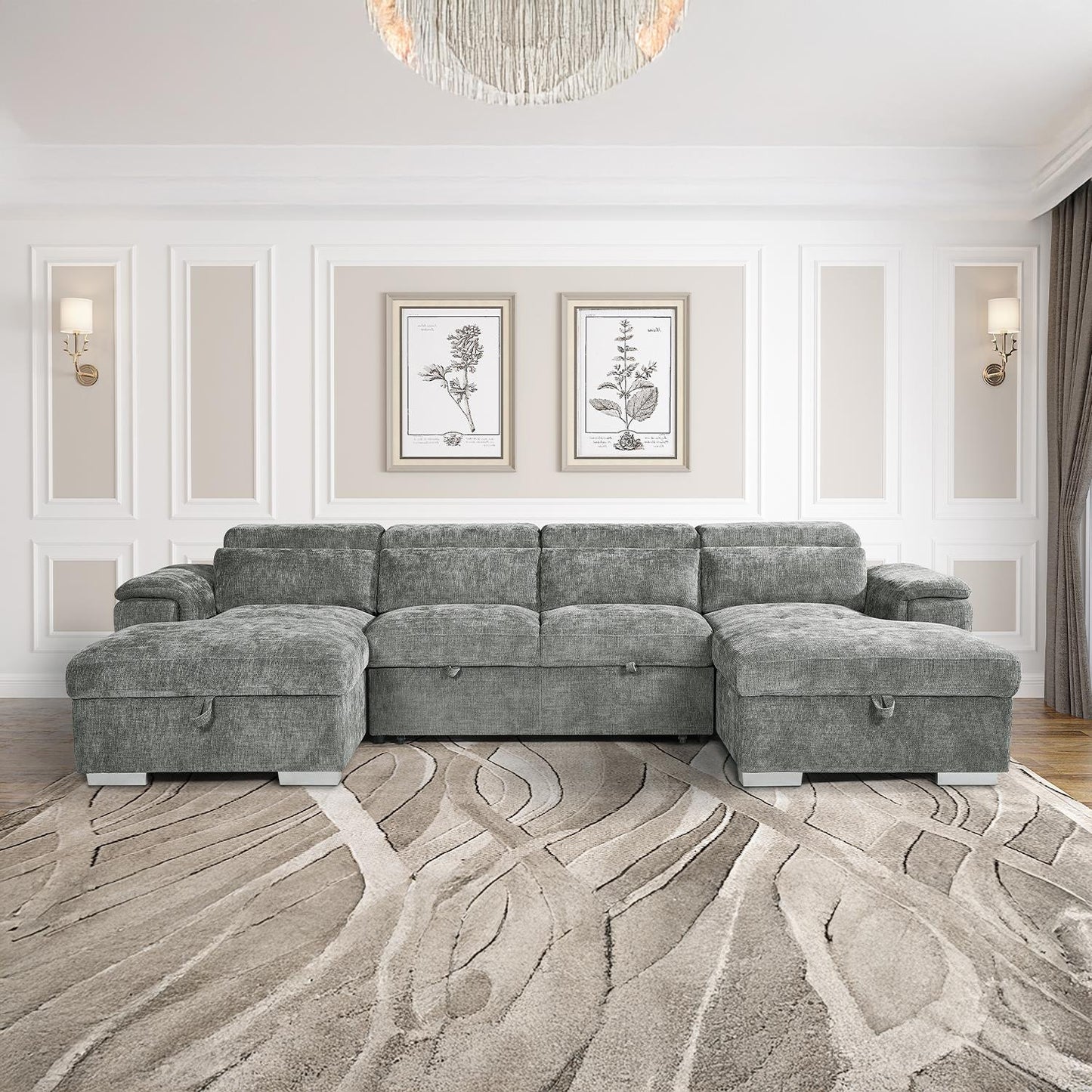 Alora 4–5 Seater Grey Fabric U-Shaped Sofa with Storage & Headrests