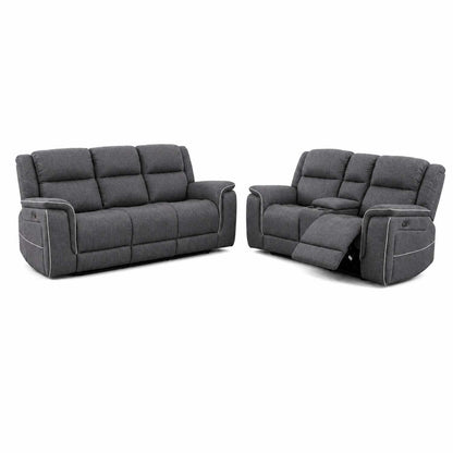 Anna Grey Fabric Electric Reclining Sofa Suite USB Charging Cup Holder