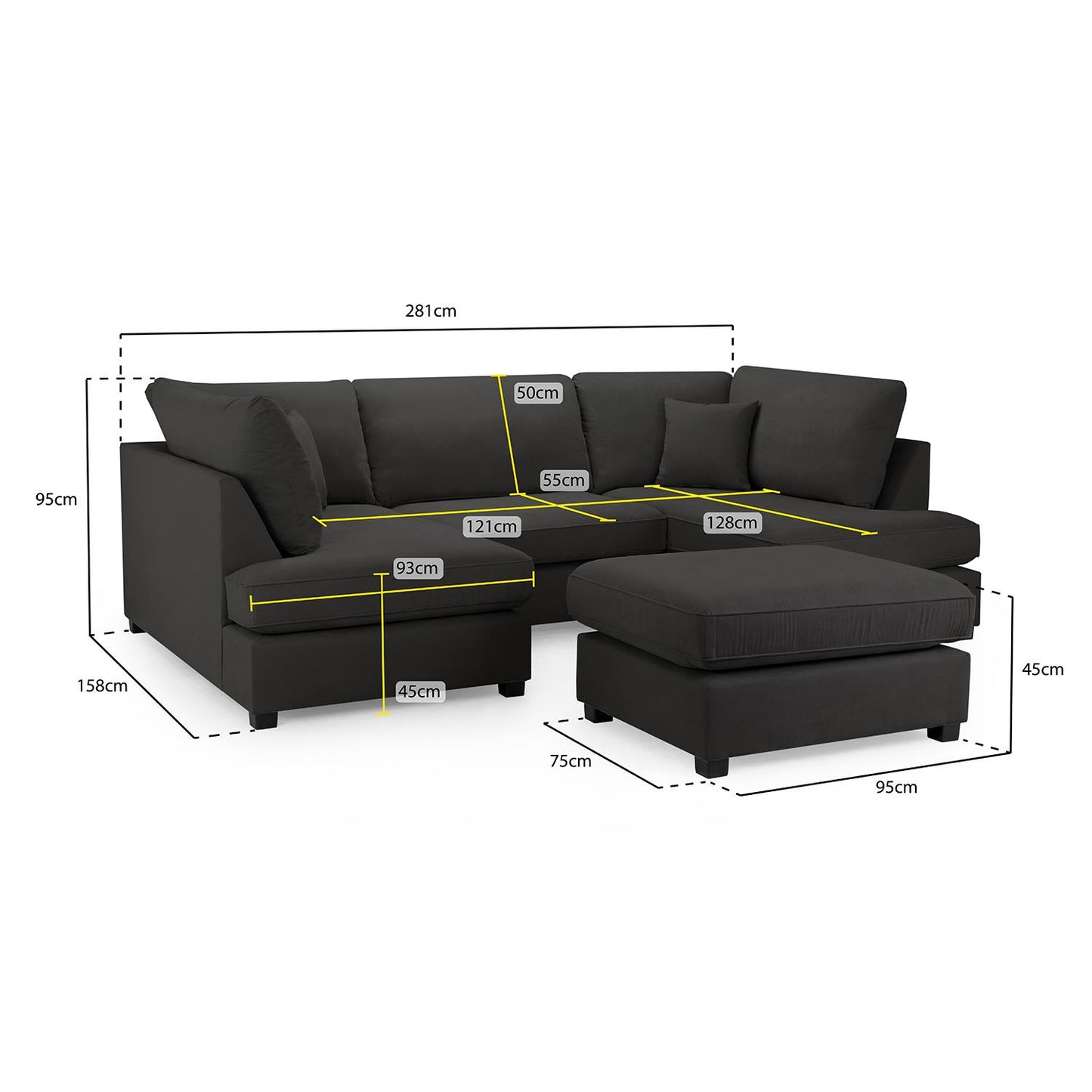 California Classic Fabric Beige, Black or Grey U shaped 6 Seater Sofa