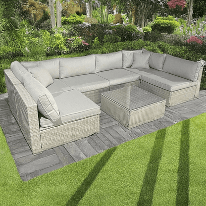 Rattan U Shaped Grey Sofa + Glass Coffee Table Outdoor Seating - 2