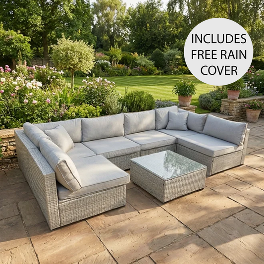 Rattan U Shaped Grey Sofa + Glass Coffee Table Outdoor Seating