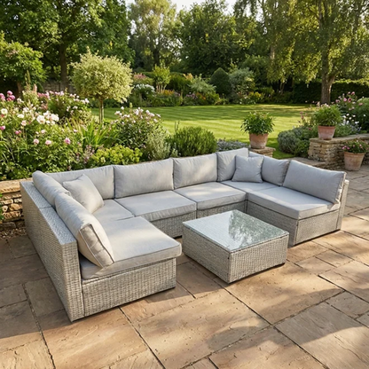 Rattan U Shaped Grey Sofa + Glass Coffee Table Outdoor Seating