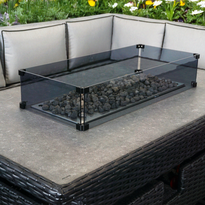 L Shaped 9 Seater Black Rattan Patio Set With Fire Pit Table