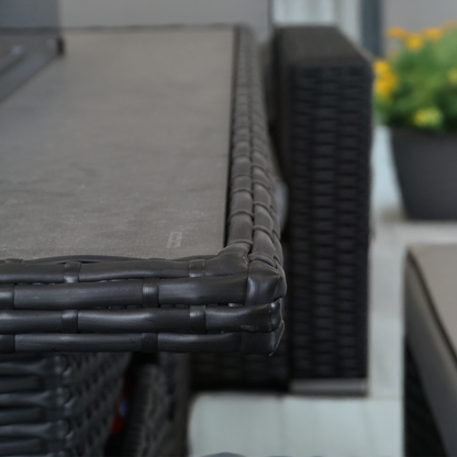 L Shaped 9 Seater Black Rattan Patio Set With Fire Pit Table