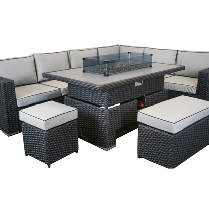 L Shaped 9 Seater Black Rattan Patio Set With Fire Pit Table