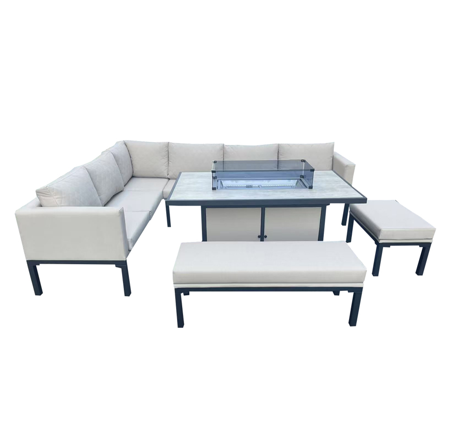 L Shaped 9 Seater Beige Garden Patio Set + Fire Pit Table