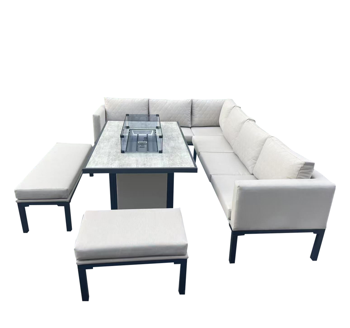 L Shaped 9 Seater Beige Garden Patio Set + Fire Pit Table