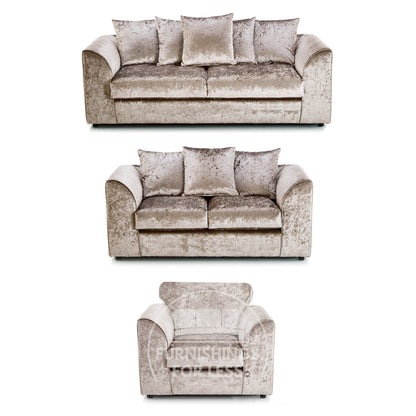 Crystal Crushed Velvet 3 Piece Sofa Suite Scatter Back