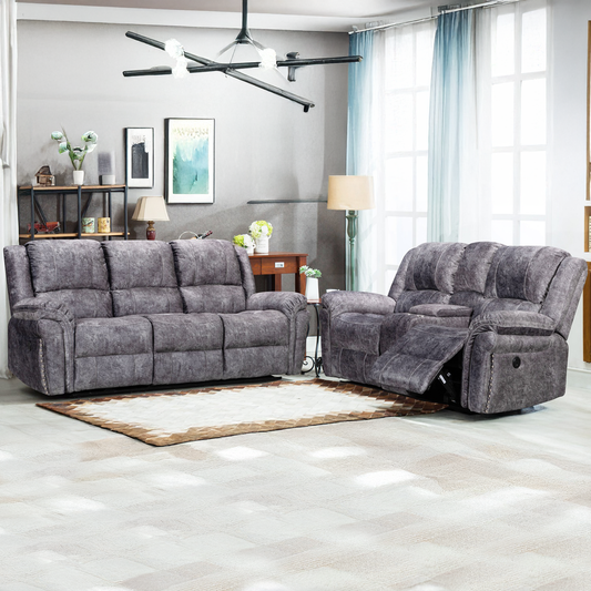 Galaxy Plush Velvet Grey Electric Reclining Sofa Suite