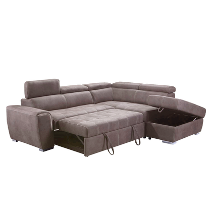 Nevada Mushroom Suede Corner Sofa Bed Tilting Headrest + Storage Ottoman